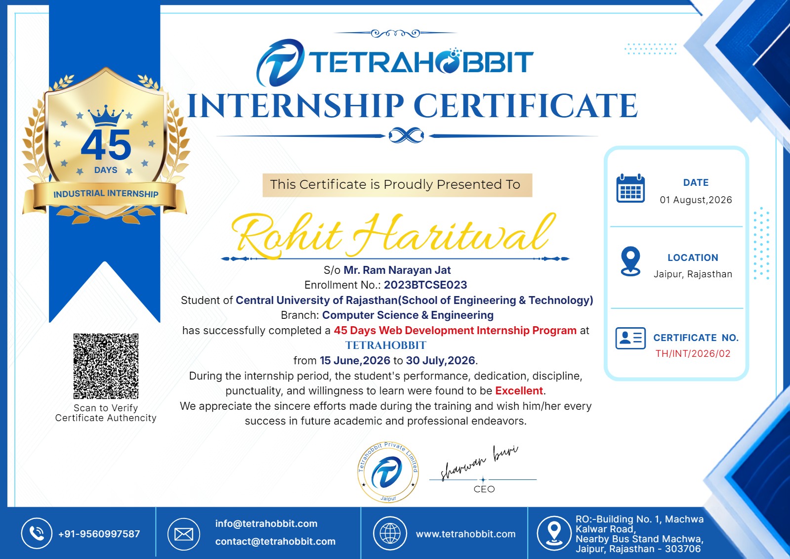 TetraHobbit internship certificate awarded for a 45-day Web Development internship